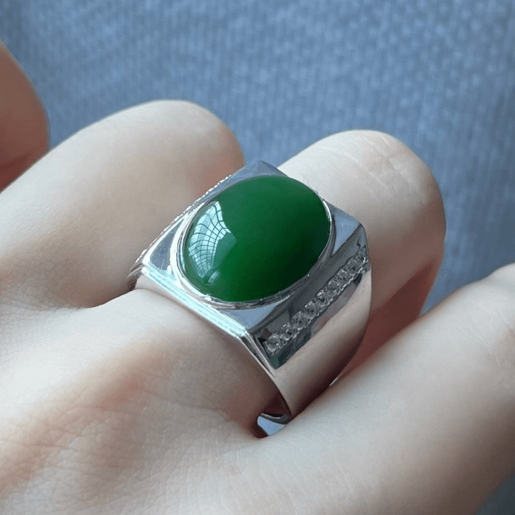 【富嘉珠宝】和田玉碧玉蛋面豪镶s925银戒指（活口）