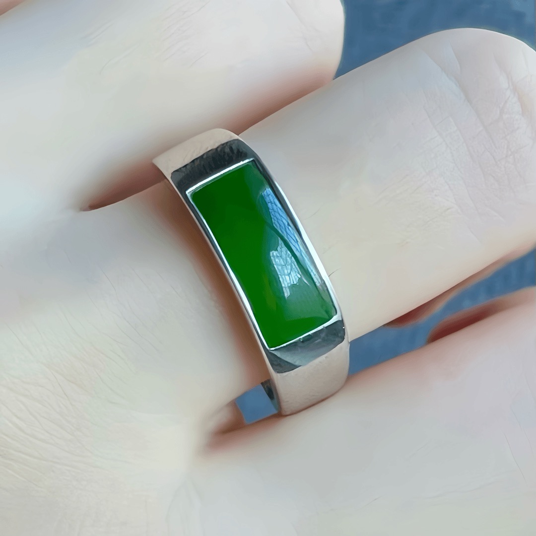 【富嘉珠宝】和田玉碧玉马鞍戒镶嵌s925银（活口）7x14mm