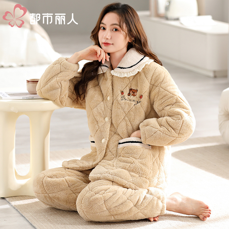 都市丽人【穿到零下20度】三层夹棉冬季小熊睡衣加厚甜美女士家居