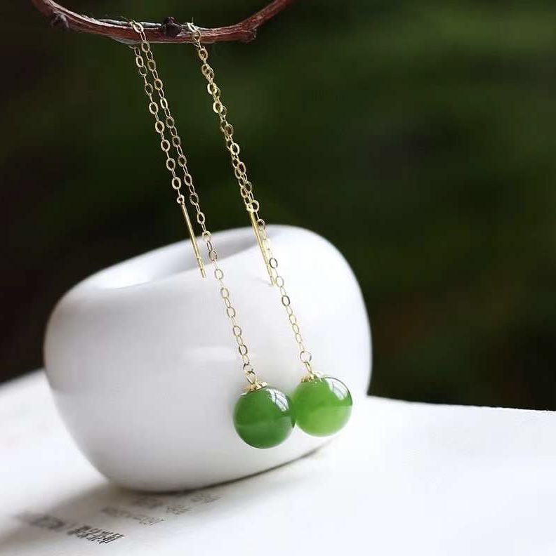 天然老料和田碧玉圆珠耳线18k金镶嵌女士款转运珠耳钩线耳环耳饰