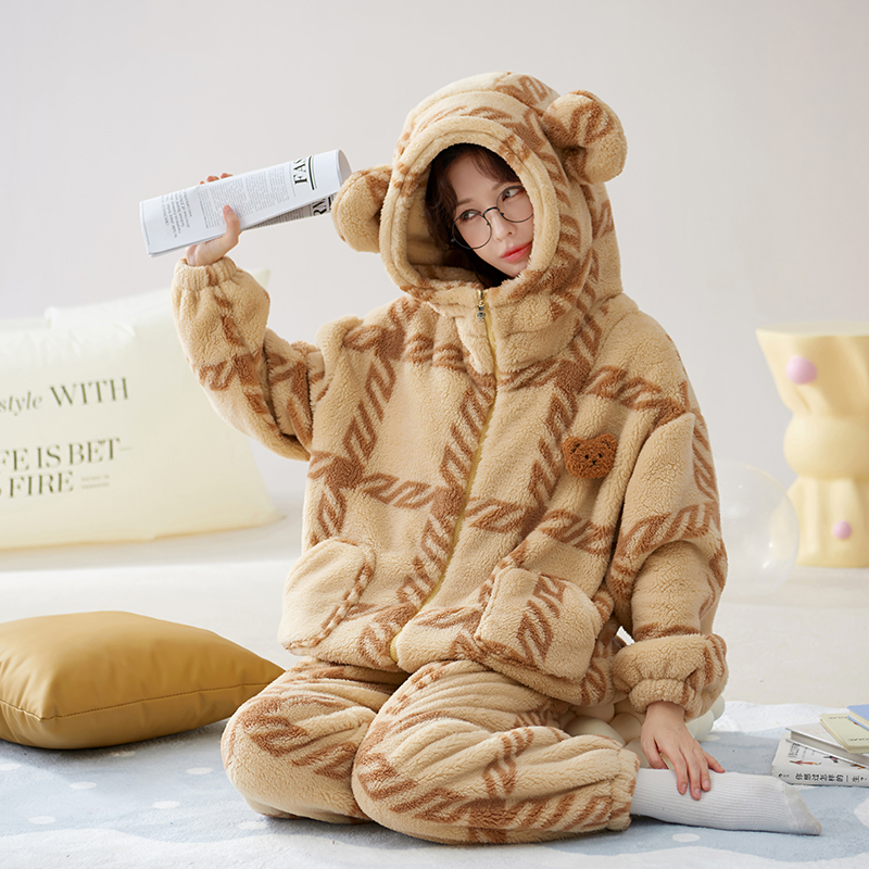 睡衣女秋冬季家居服珊瑚绒加绒加厚套装连帽长袖法兰绒保暖学生