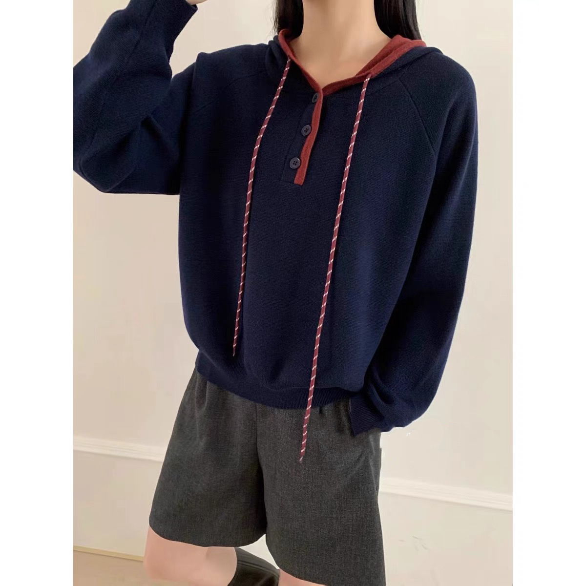 新款连帽半开扣套头单穿上衣冬季宽松打底毛衣潮