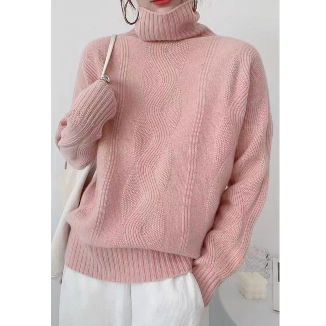 秋季新款时尚百搭立体提花宽松纯色气质高领针织衫