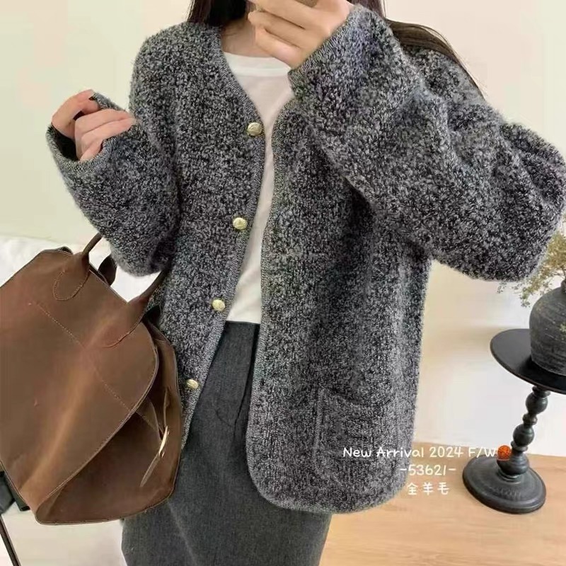 新款韩系圆领小香风羊毛外套宽松口袋圈圈针织衫