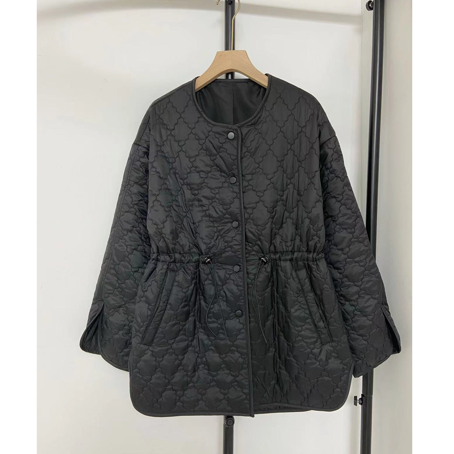 冬季新款菱格收腰棉服显瘦设计感立领休闲中长款棉衣