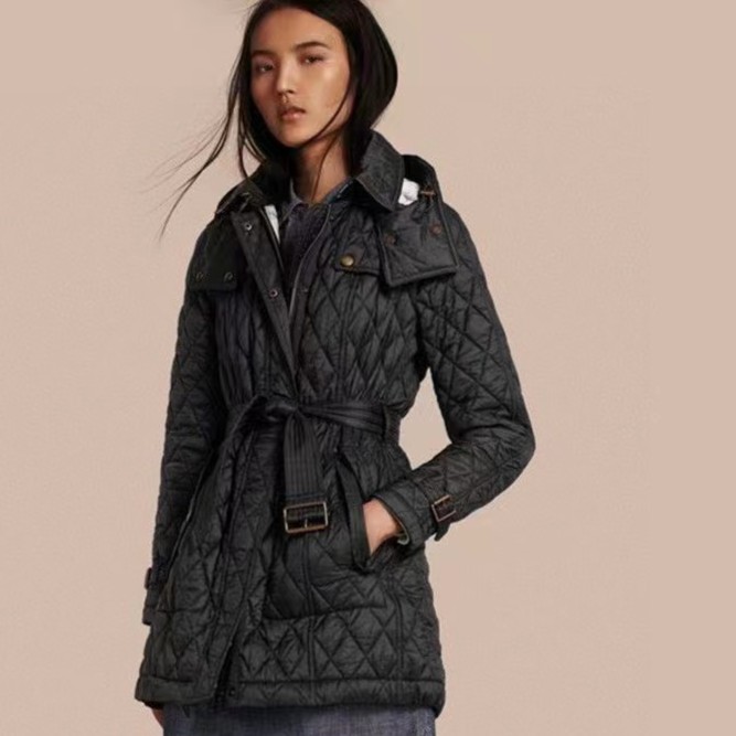 新款时尚百搭高品质长袖菱格修身连帽女士棉服