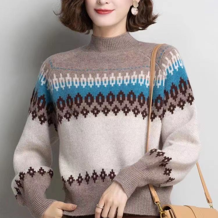 新款时尚减龄洋气半高领拼色印花灯笼袖针织衫