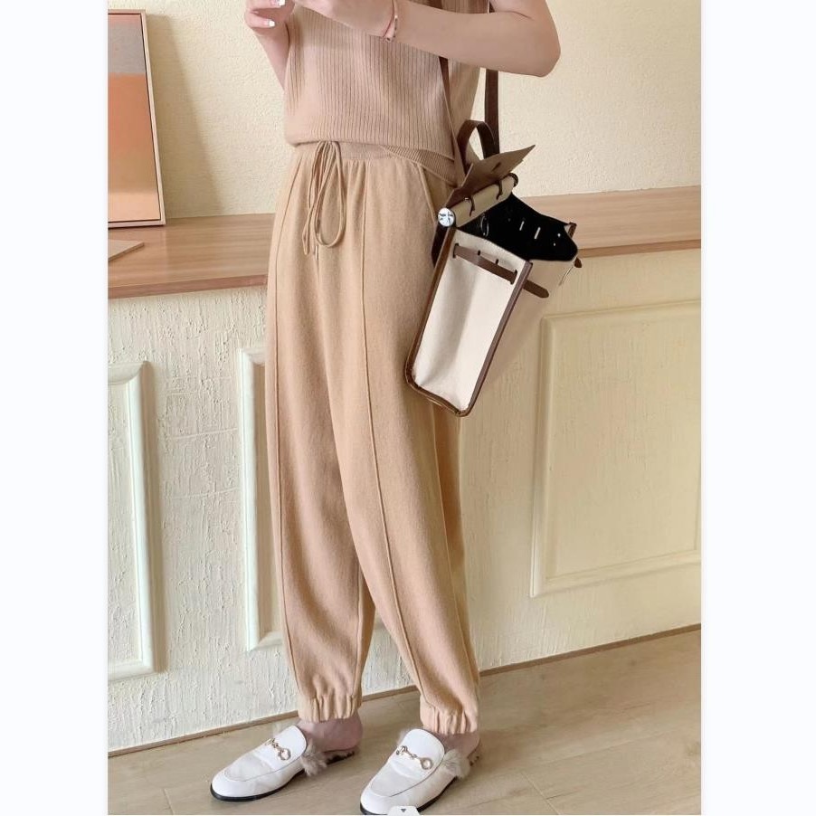 新款高腰宽松休闲百搭哈伦裤羊绒针织遮肉束脚裤