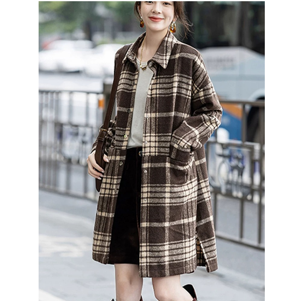 新款宽松气质时尚设计感中长款格子衬衫外套女