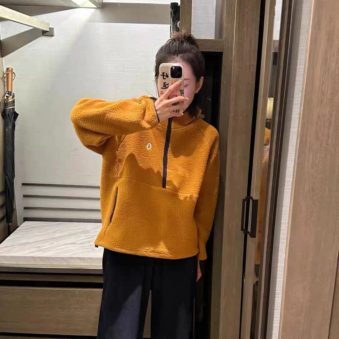 冬季新款宽松慵懒风设计感保暖纯色半拉链连帽卫衣