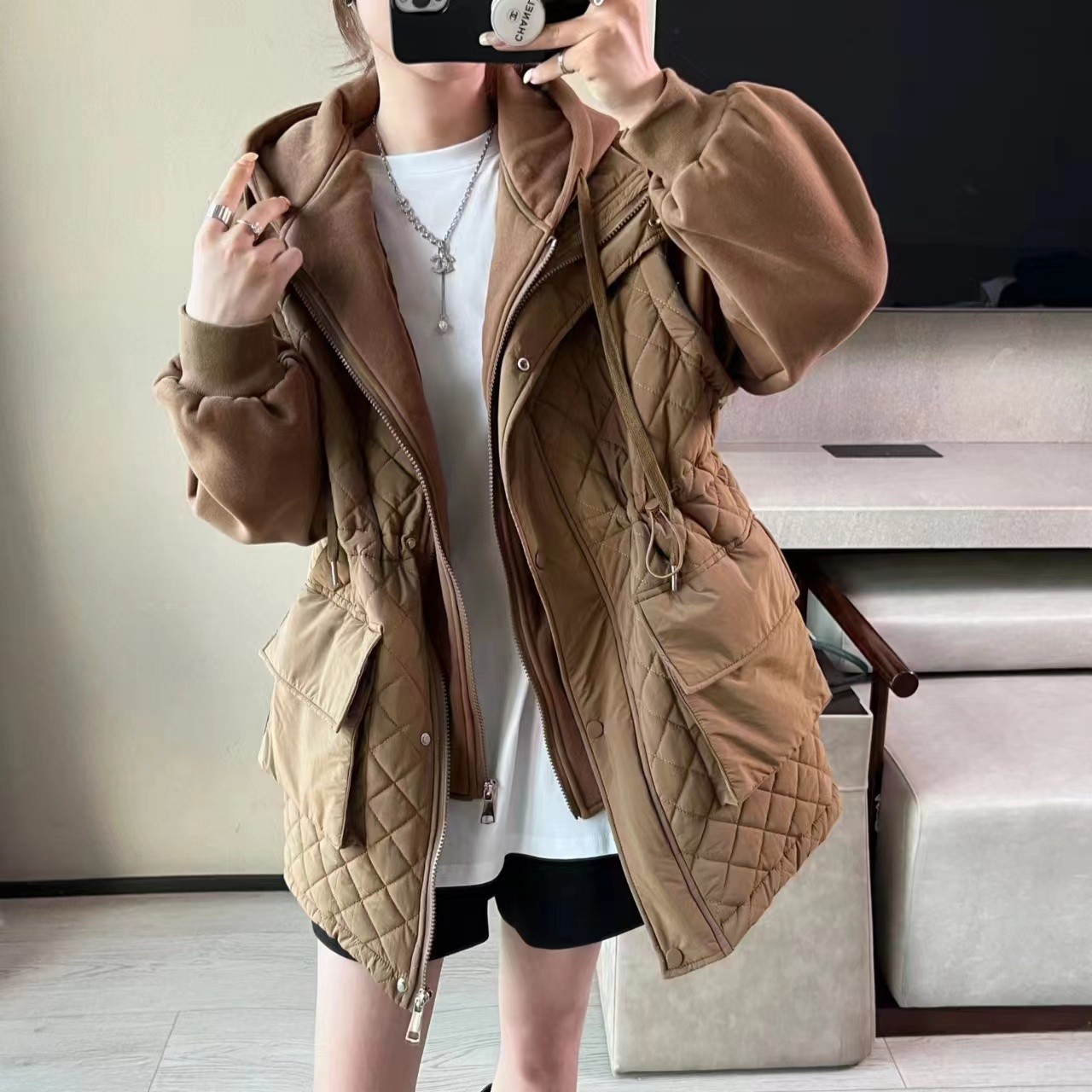 冬新款休闲宽松抽绳收腰双拉链连帽拼接假两件棉服