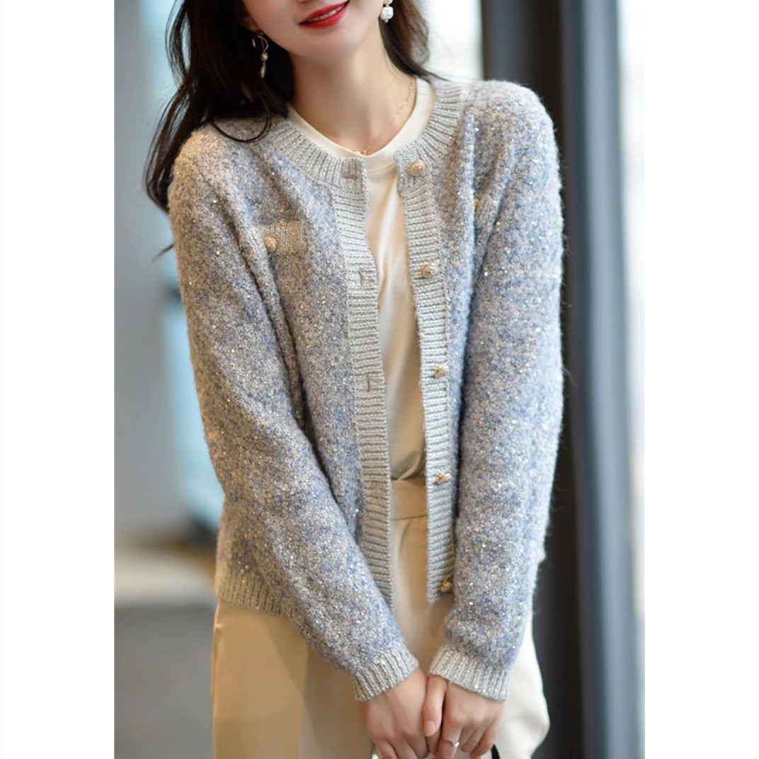 新款优雅星光珠片闪耀小香风宽松针织开衫外套