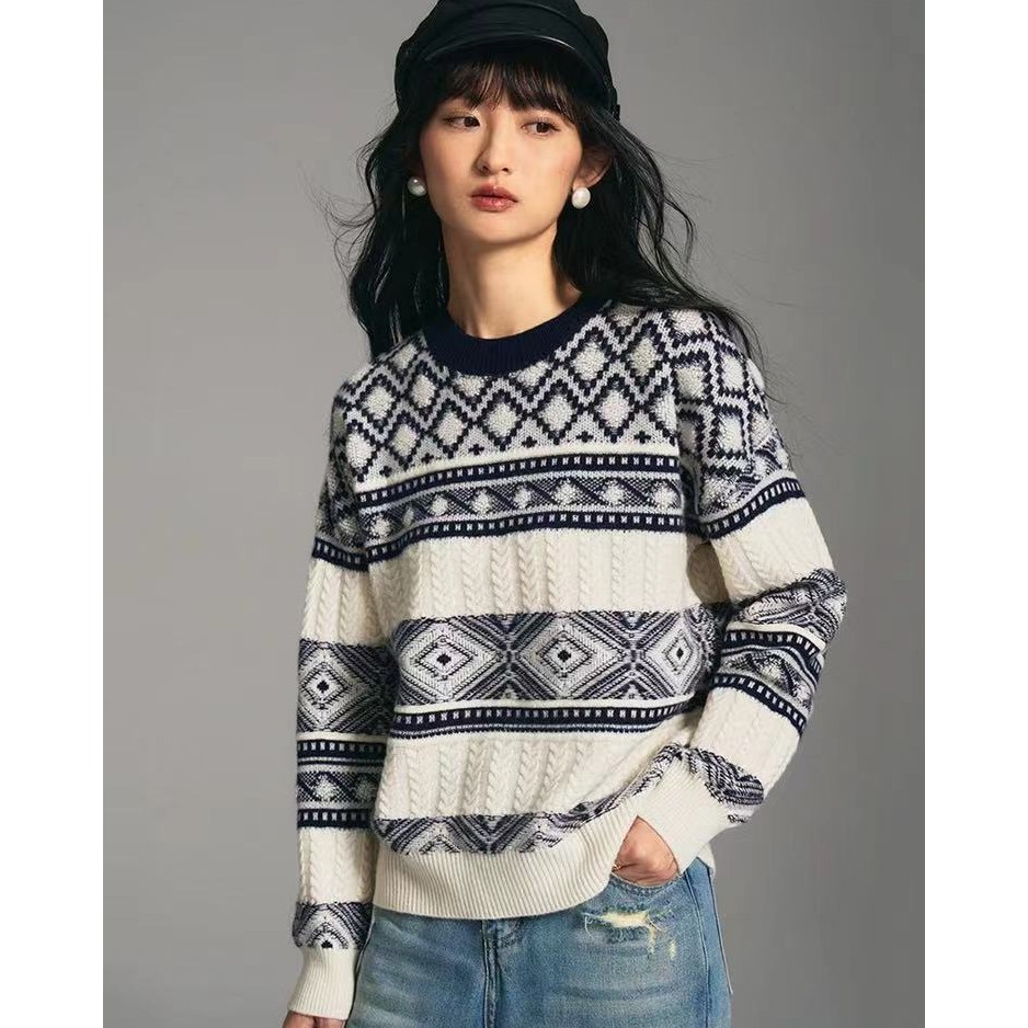 新款复古高级感拼接撞色圆领宽松毛衣宽松针织衫