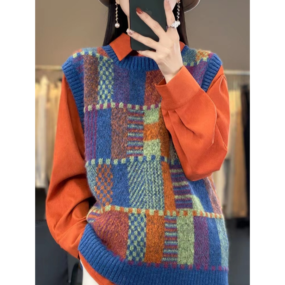 新款圆领拼色无袖针织打底毛衣复古撞色羊毛马夹