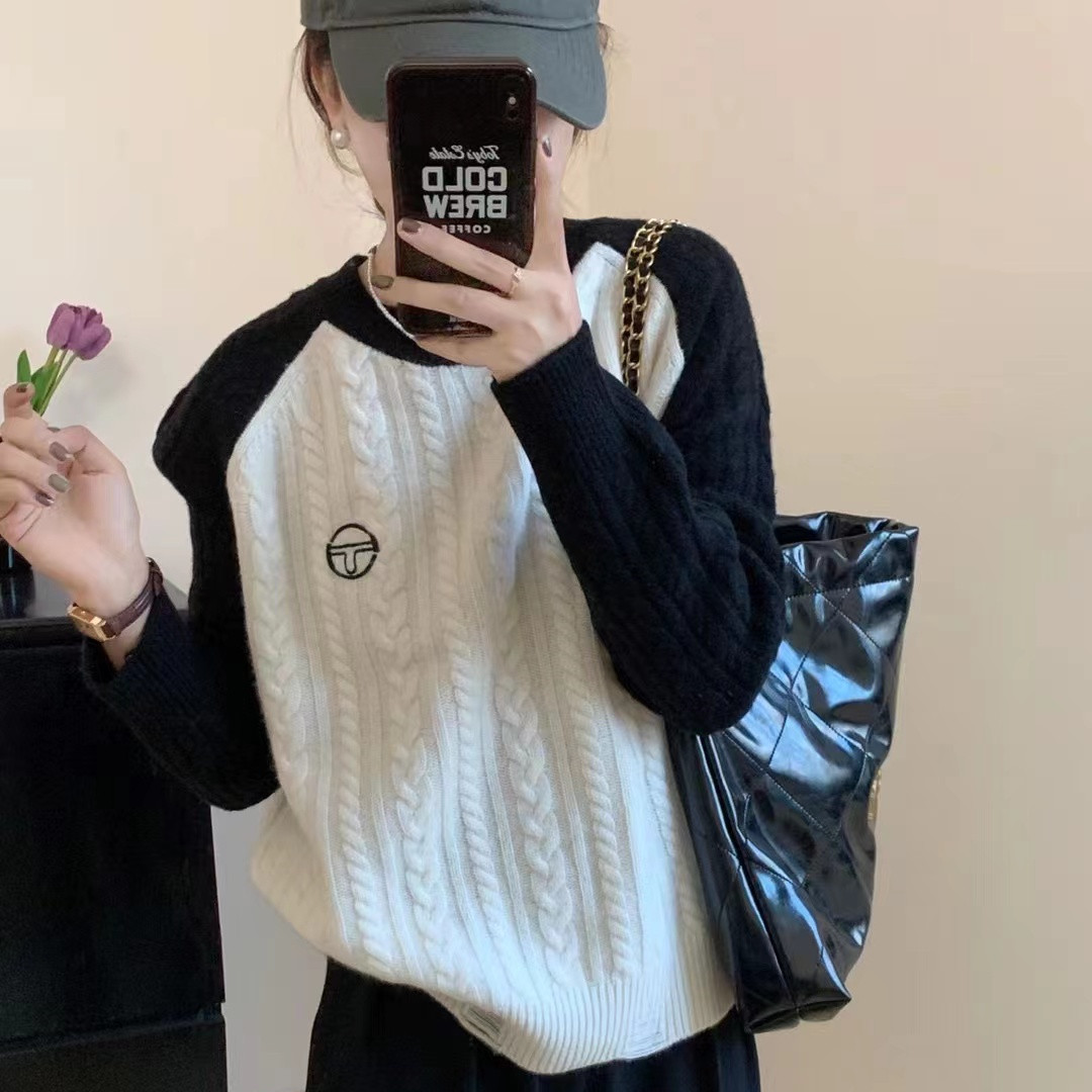 新款休闲圆领麻花宽松拼色插肩显瘦减龄针织毛衫