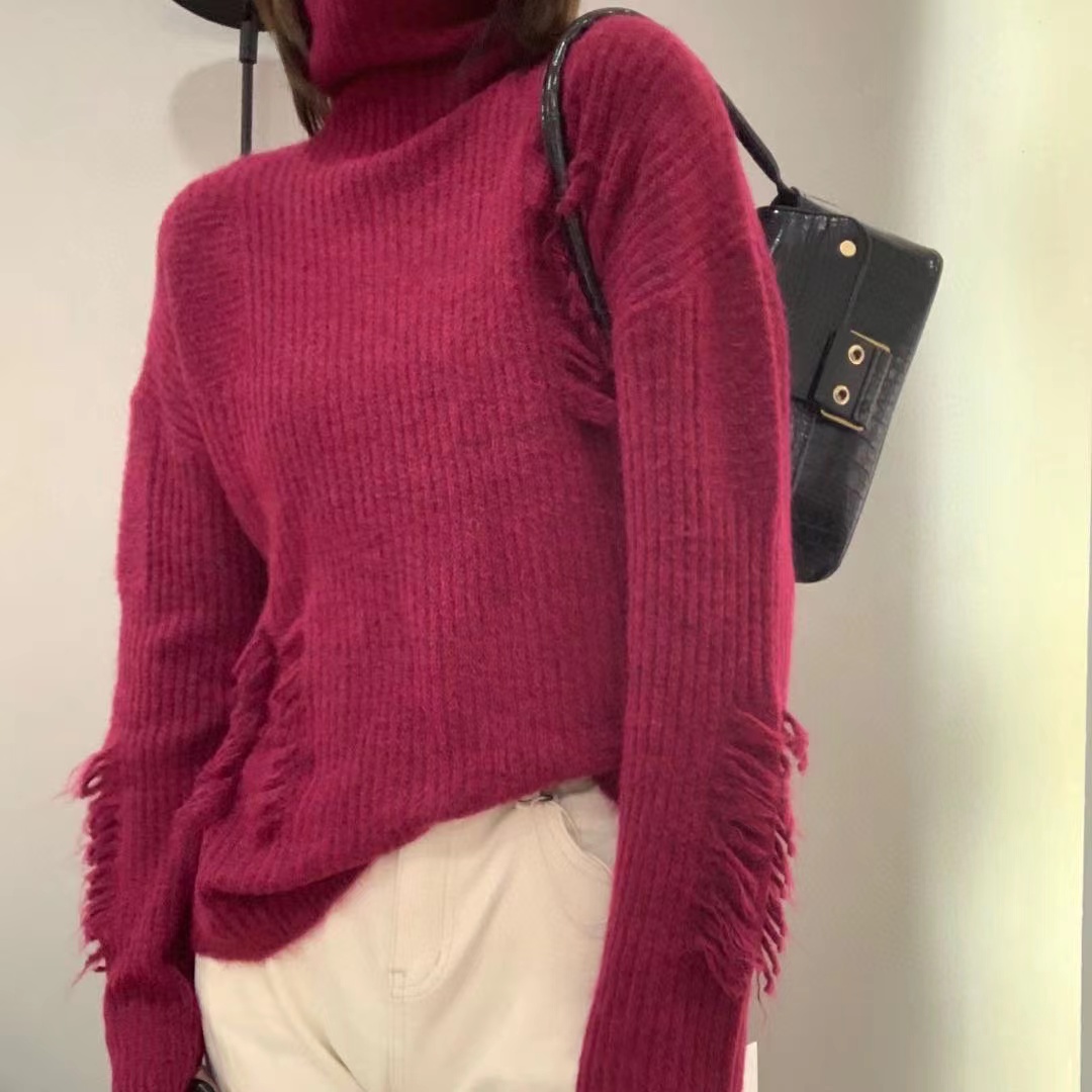 新款时尚慵懒风竖条宽松流苏设计感高领针织毛衣