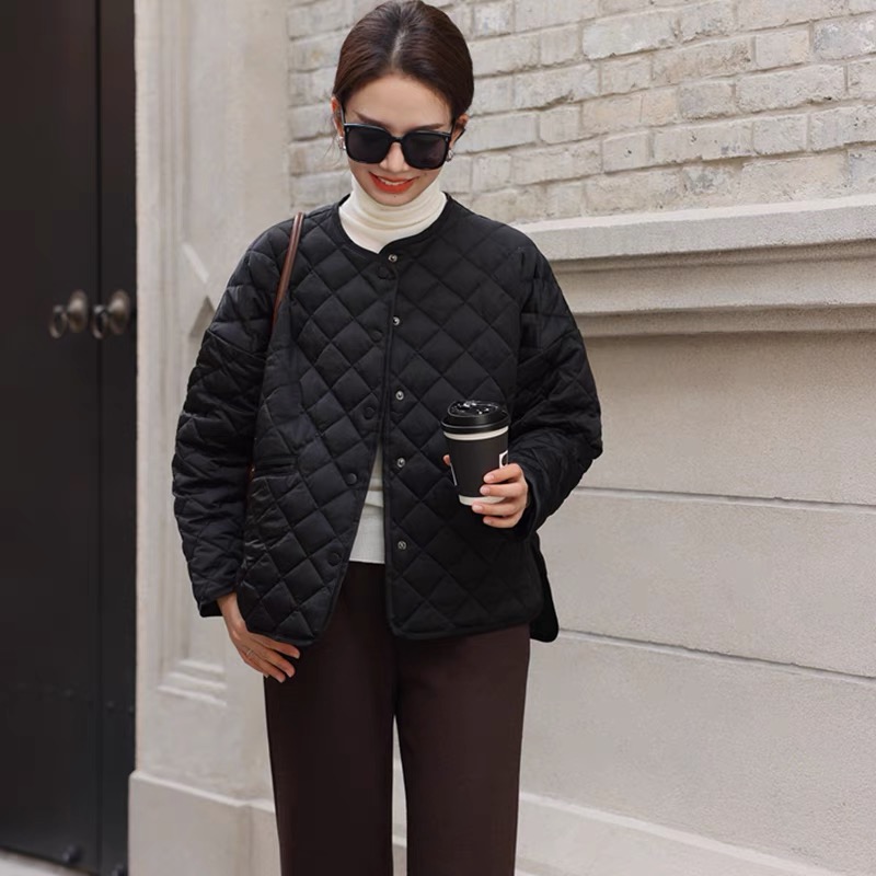新款时尚百搭菱形格宽松慵懒风休闲羽绒服