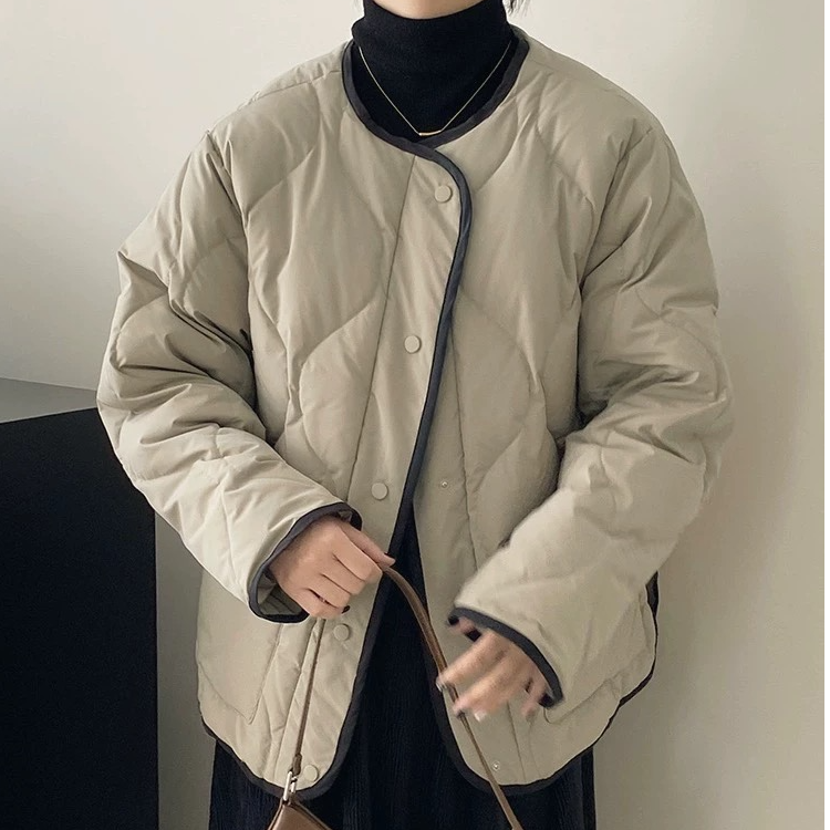 新款小香风撞色拼接无领菱格超好看短款圆领外套