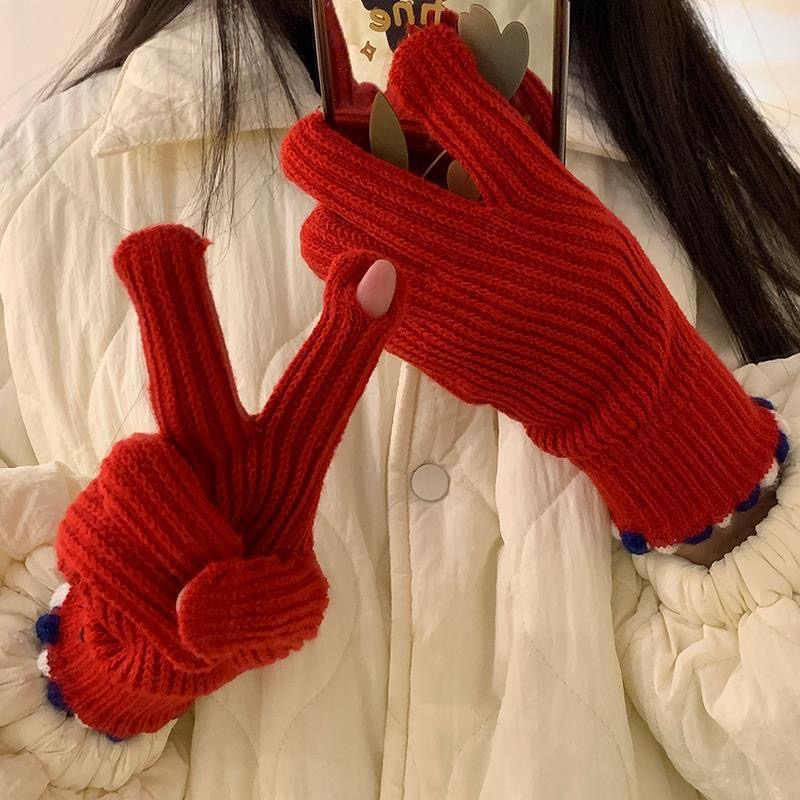 冬季保暖手套女百搭毛线纯色糖豆露指保暖加厚防寒手套新年圣诞红