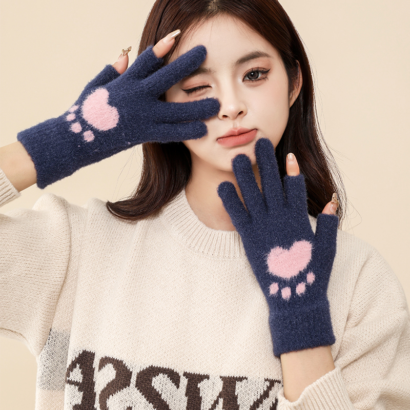 冬季保暖手套女加厚毛绒触屏露二指半指露指可爱学生写字成人工作