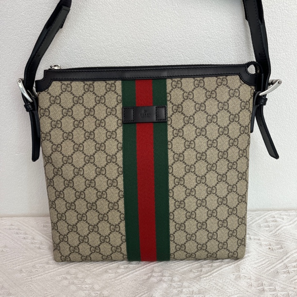 99新 GUCCI/古驰 97新/5577棕老花红绿织带中号单肩包