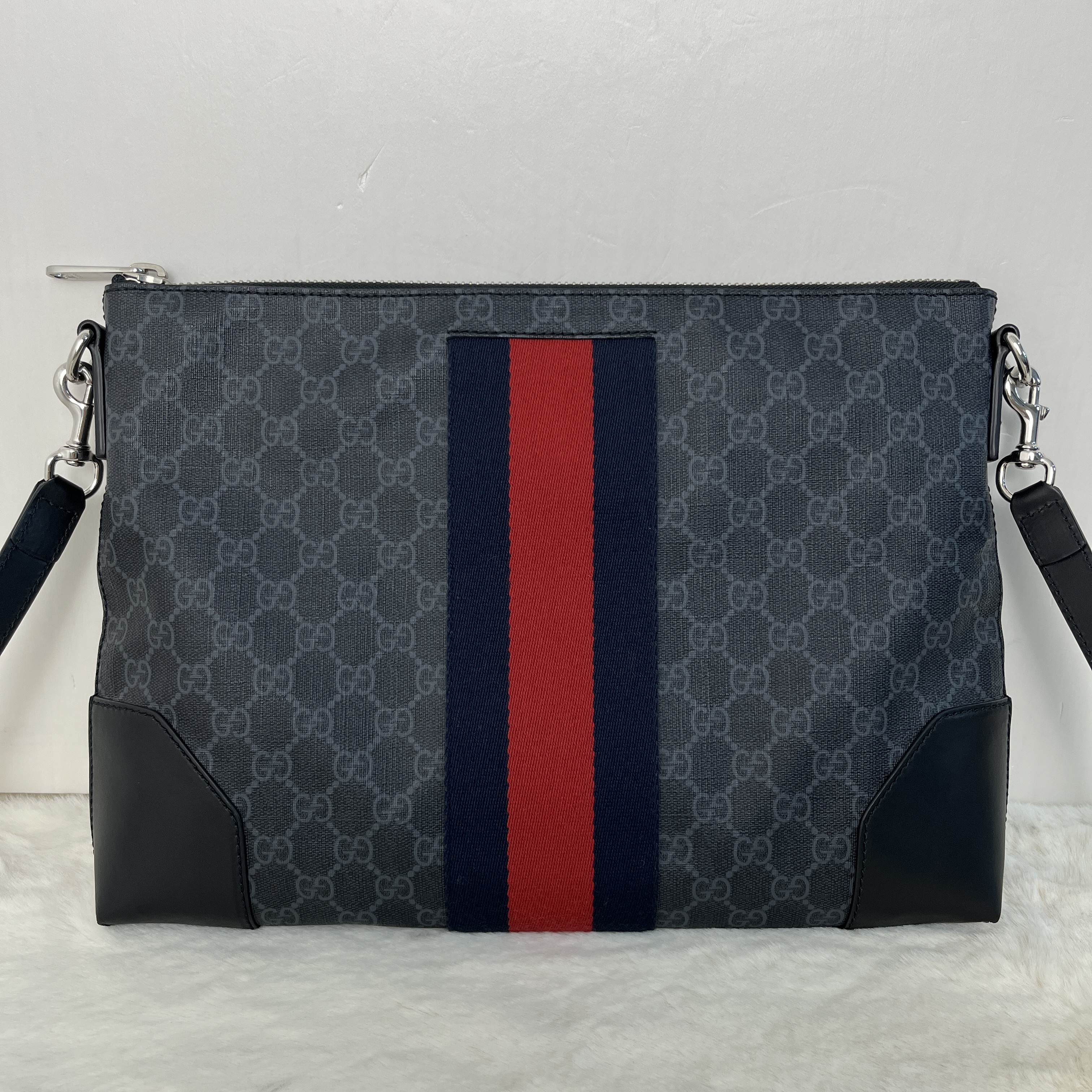 95新 GUCCI/古驰 5927/男士经典黑老花红蓝织带单肩包