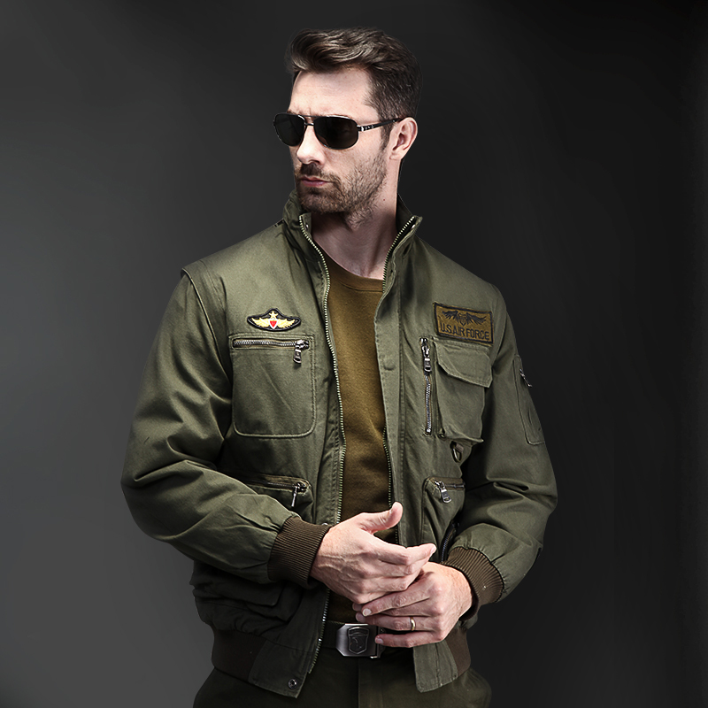 户外男士休闲夹克外套春秋飞行服多口袋军绿色工装夹克可拆袖上衣