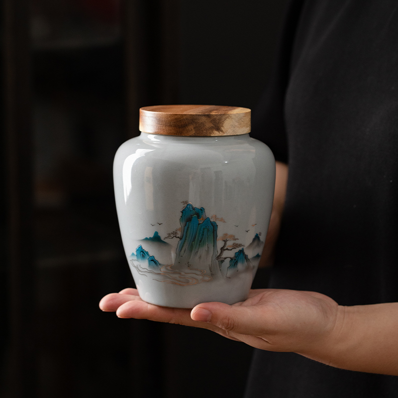 山水陶瓷茶叶罐密封储存小茶罐家用高档防潮普洱茶红茶罐复古中式