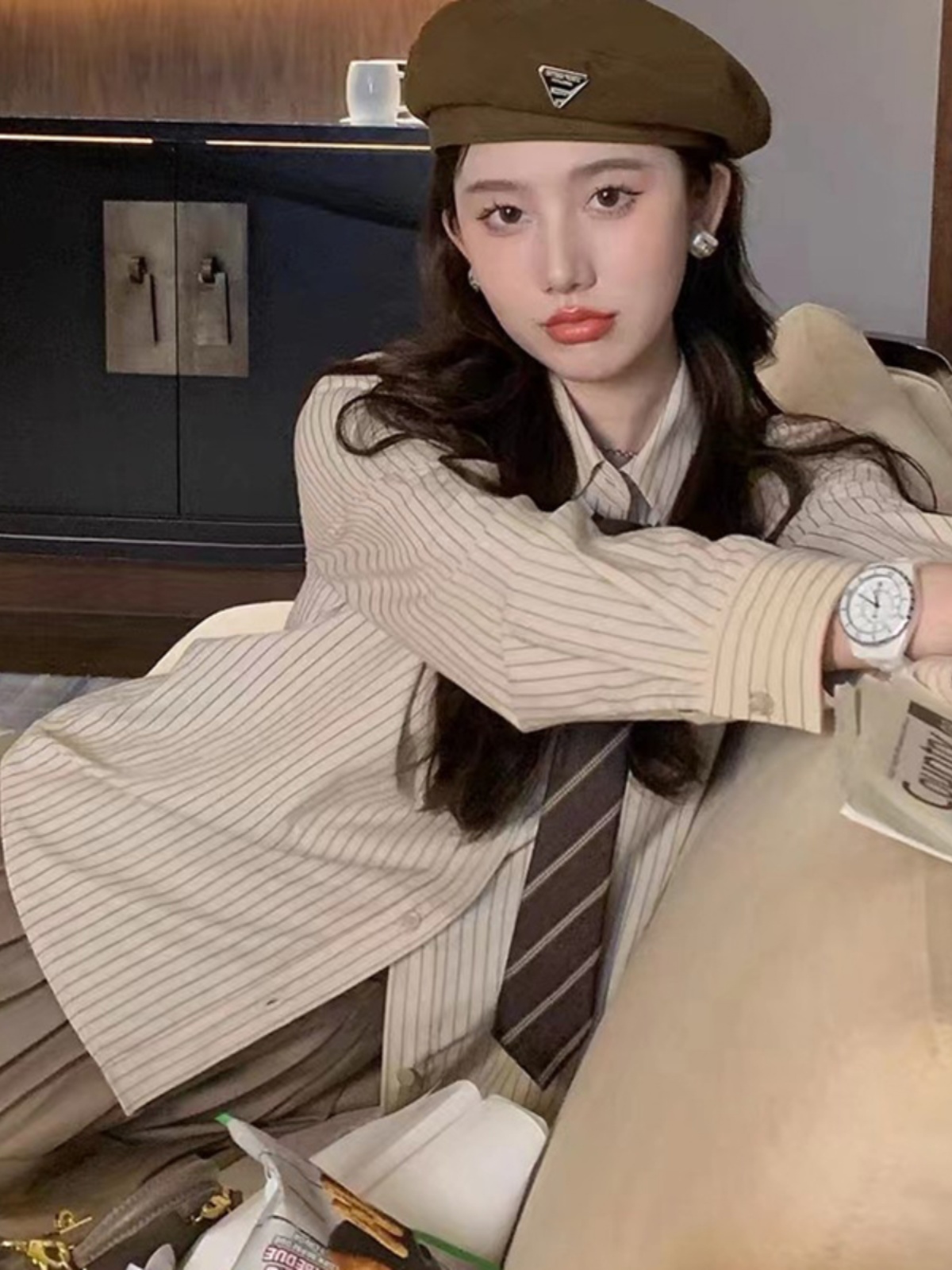 美拉德复古韩版宽松条纹学院风春秋季新款衬衫领带JK制服日系长袖