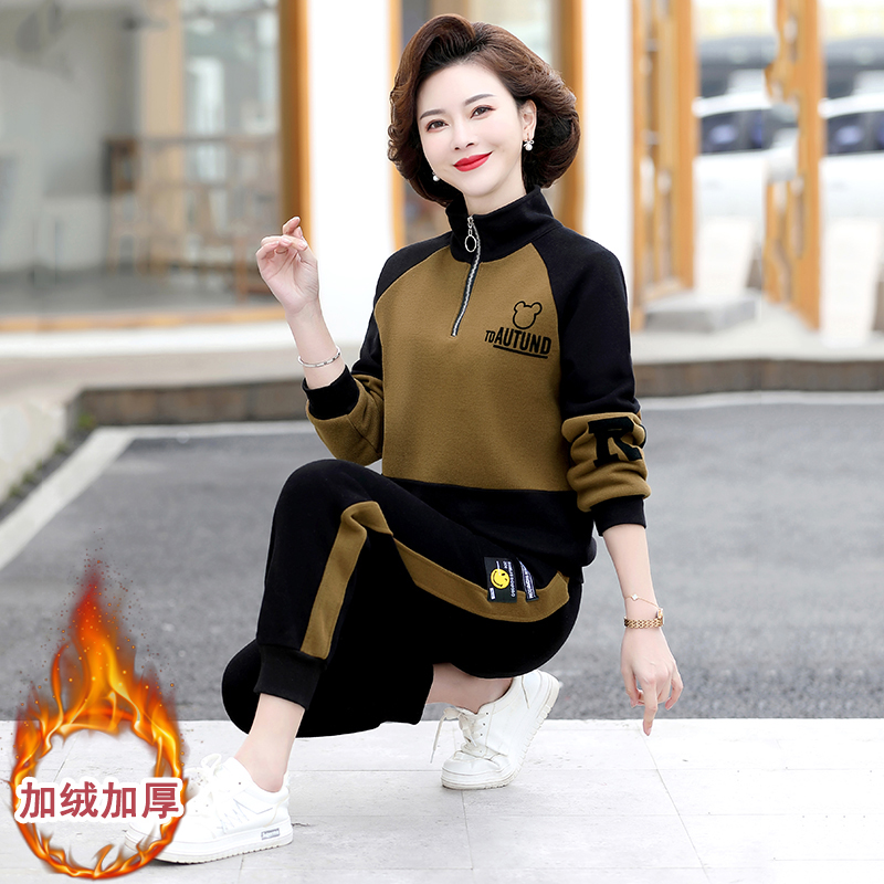 GUIDI FAME冬季新款妈妈时尚休闲运动服套装女加绒加厚卫衣两件套