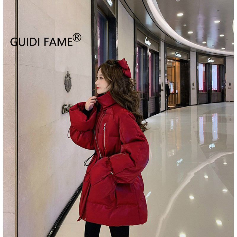 GUIDI FAME网红圣诞红色加厚棉服女2023冬季新款加厚显瘦收腰外套