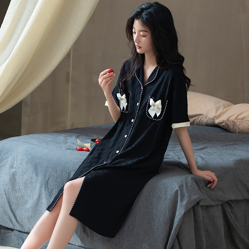 系扣开衫睡裙女款夏季纯棉带胸垫纯色睡衣裙女夏纯棉可外出家居服