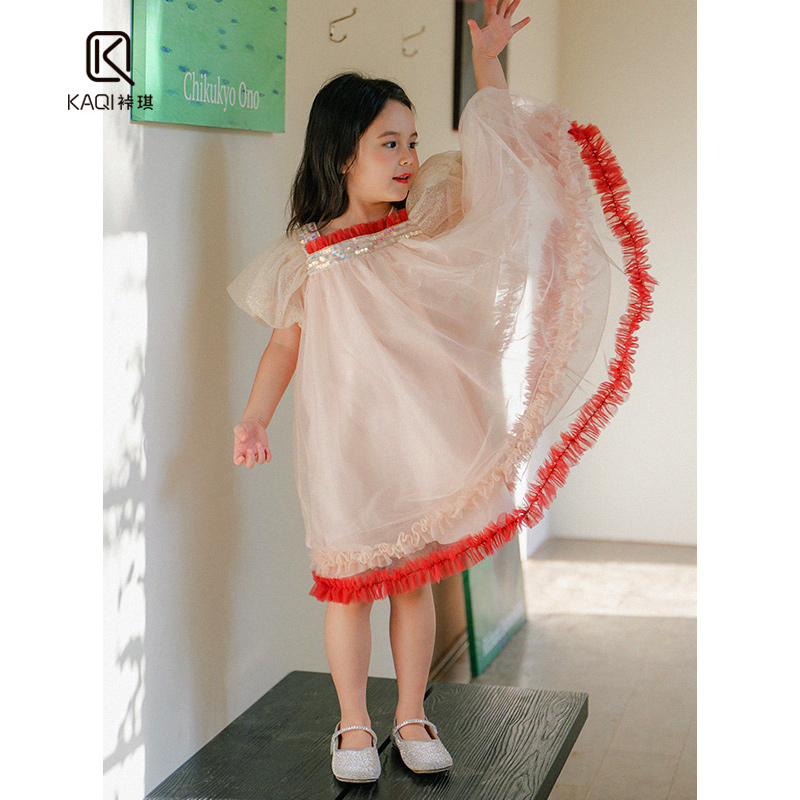 【裃琪童装】【珊瑚】春夏季新中大童公主女孩灯笼袖网纱连衣裙90275