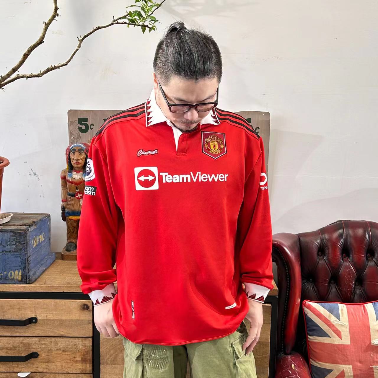 预售-曼联长袖足球服夏季透气休闲运动美式速干刺绣印花红色帅气