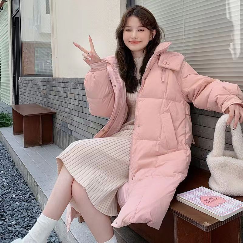 新款连帽显瘦过膝白鸭绒加厚外套2023冬宽松长款羽绒棉服女