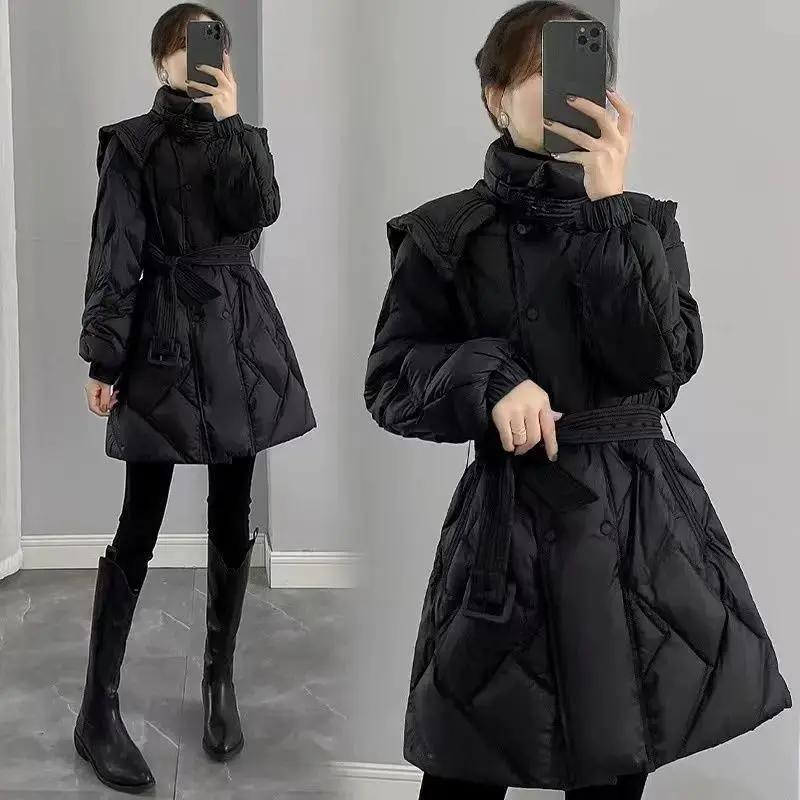 新款2023女装冬季修身收腰中长款羽绒棉服女黑色显瘦双排扣立领外