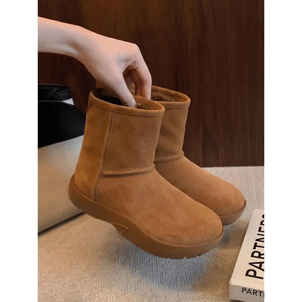 B.V棉靴~三角标厚底雪地靴女冬季新款皮毛一体棉鞋短筒加厚短靴子