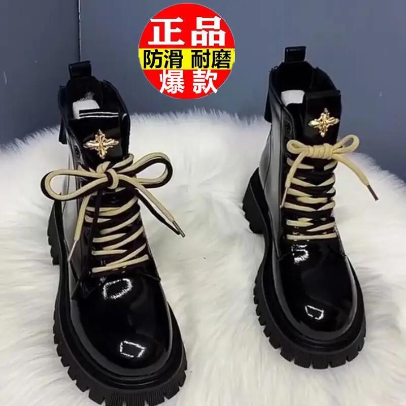 真软皮马丁靴女加厚洋气2023新款秋冬时尚中跟厚底单靴英伦风短靴