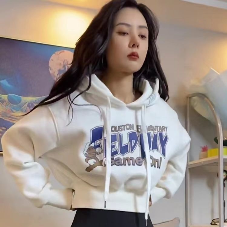 2023季新款连帽加绒加厚卫衣女宽松显瘦学生短款ins慵懒风女冬装N