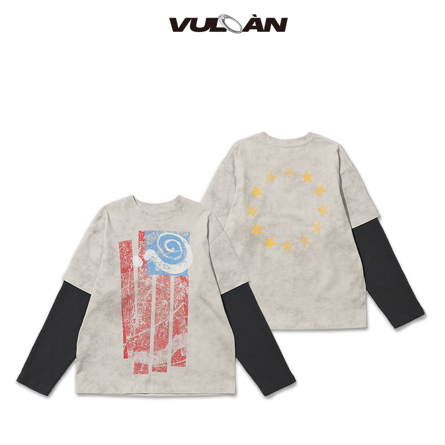 VULCAN假两件复古做旧长袖T恤宽松短宽星条旗印花圆领早秋上衣
