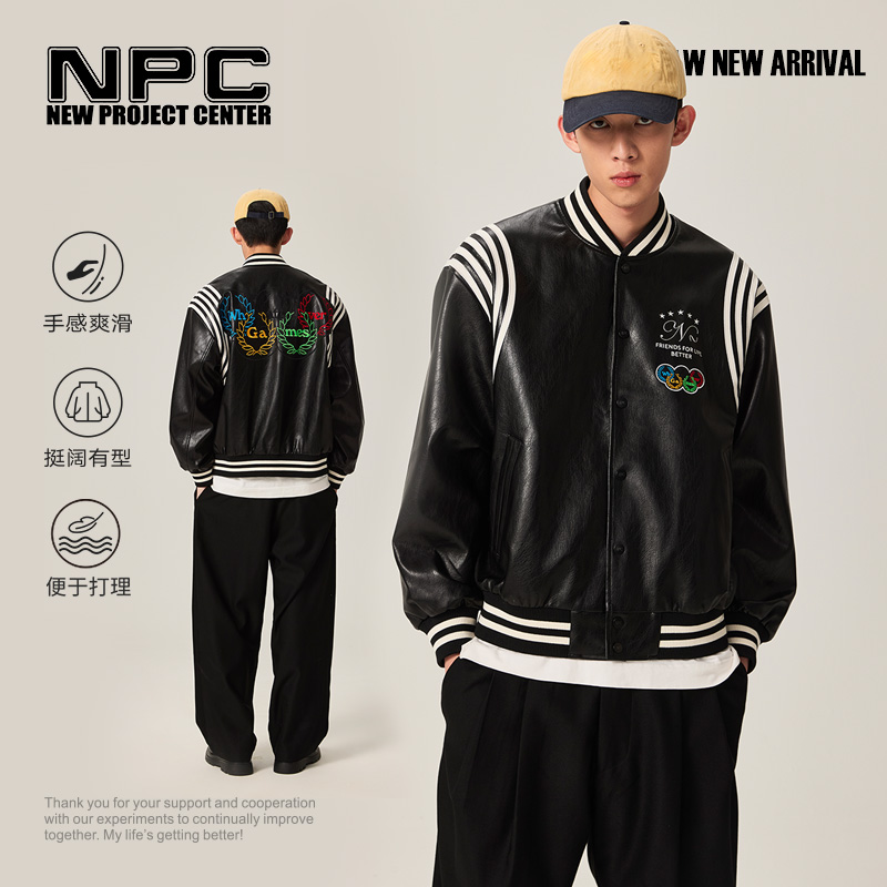 NPC潮牌运动系列拼接白色【跑道】复古PU棒球夹克男美式NP47TJ16
