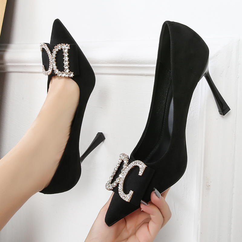 【10∽7公分】2025春秋新款水钻DC时尚气质百搭黑色尖头职业高跟鞋
