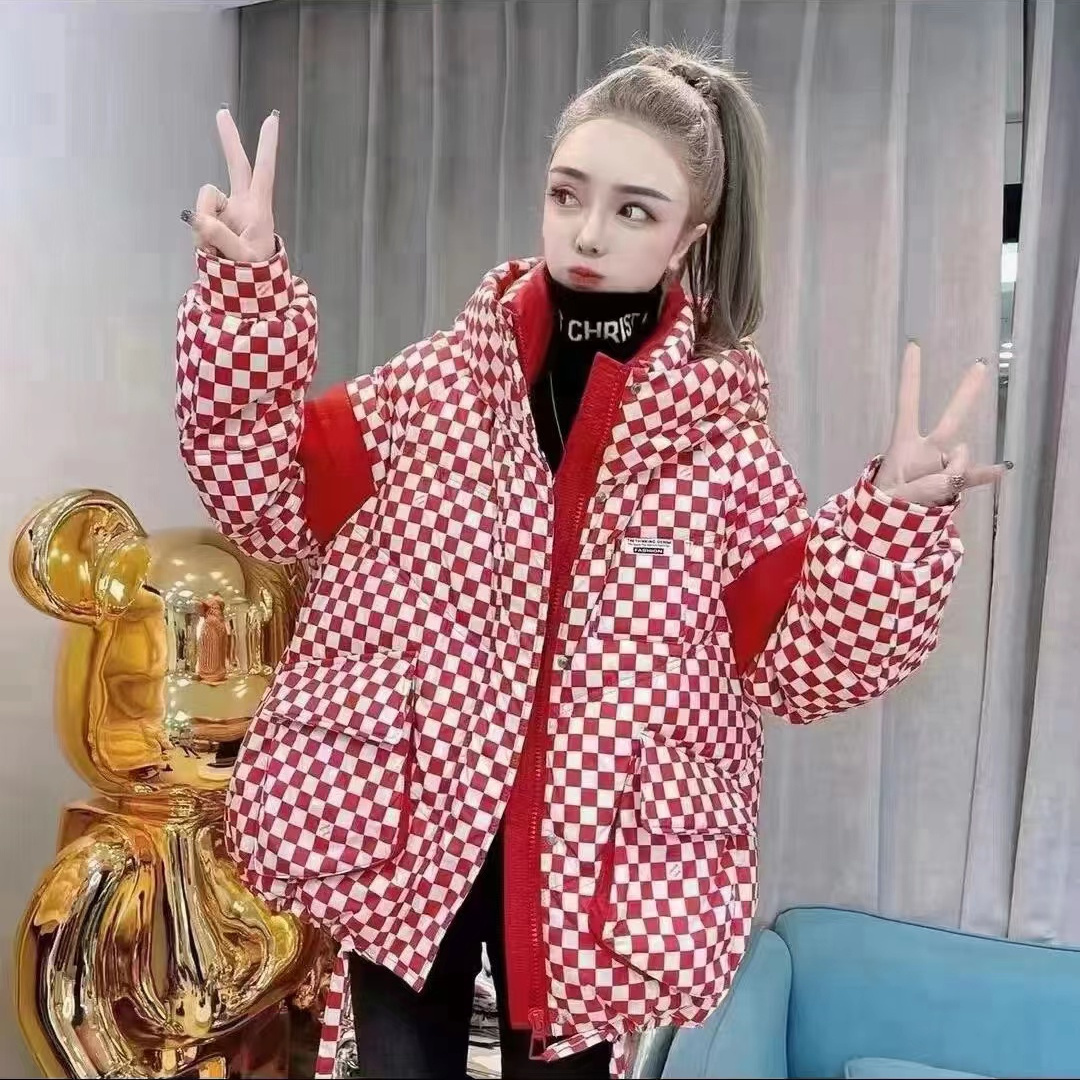 反季清仓冬季新款羽绒服女2023棋盘格韩版连帽宽松时尚洋气短款YC