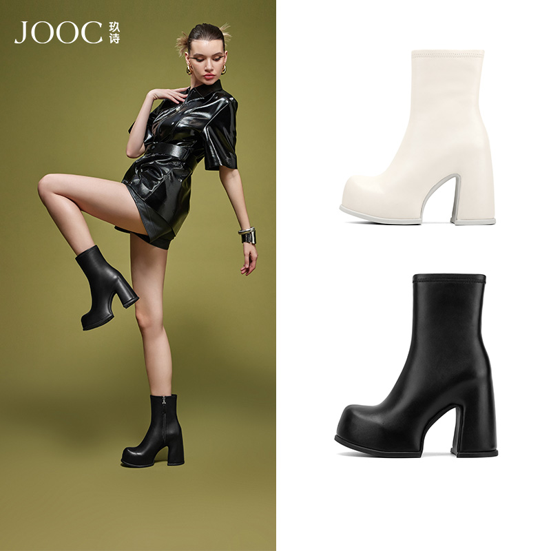 【时空恋人】JOOC玖诗防水台短靴秋冬新款粗跟瘦瘦靴百搭女靴