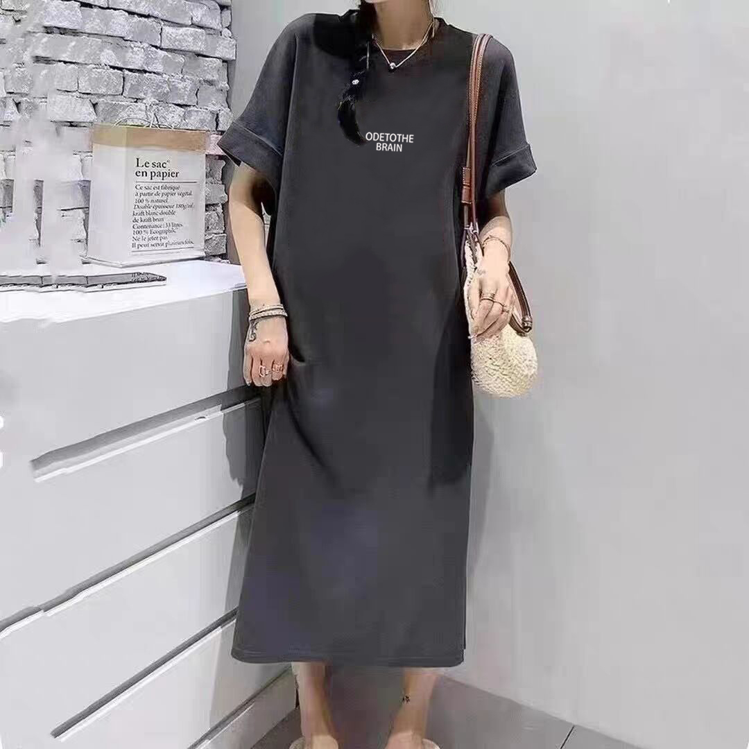 韩版字母卡通美式复古休闲风连衣裙女夏慵懒宽松懒人裙T恤过膝裙