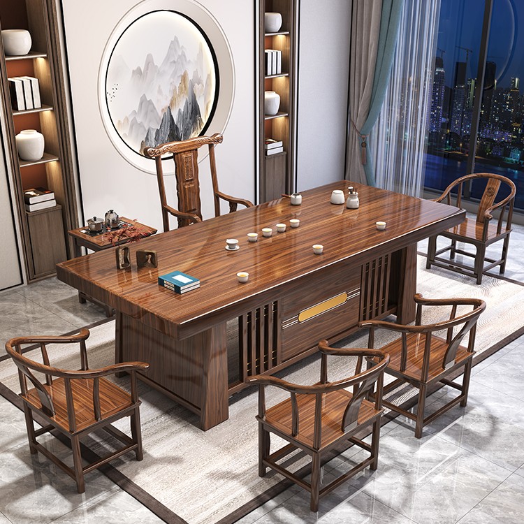 1.5米-2.4米新中式大板实木橡胶木茶桌椅组合一体式泡茶桌