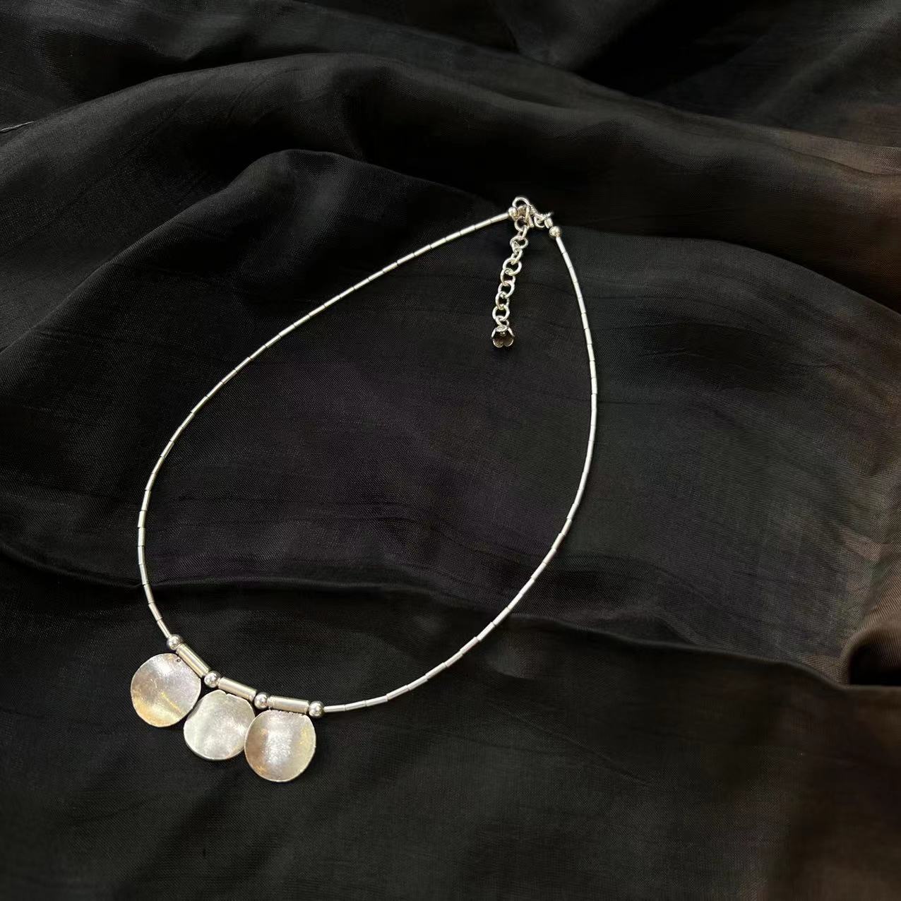 925银银制品 百搭复古做旧气质时尚纯手工定制精美圆片项链