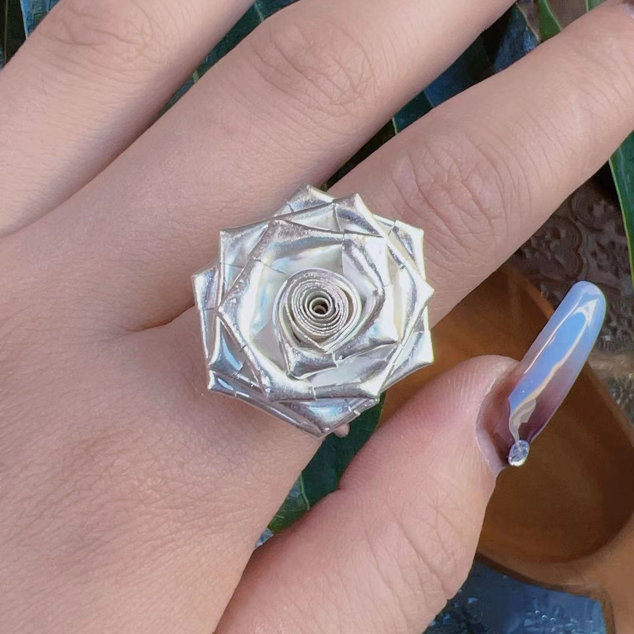 925银银制品  可调节亮银气质时尚纯手工定制精美折纸玫瑰戒指