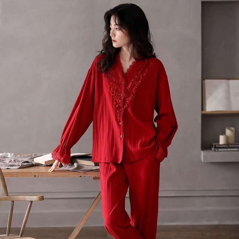 SOUTH LIFE/南方生活红色睡衣长袖纯棉V领新婚结婚女士本命年春秋