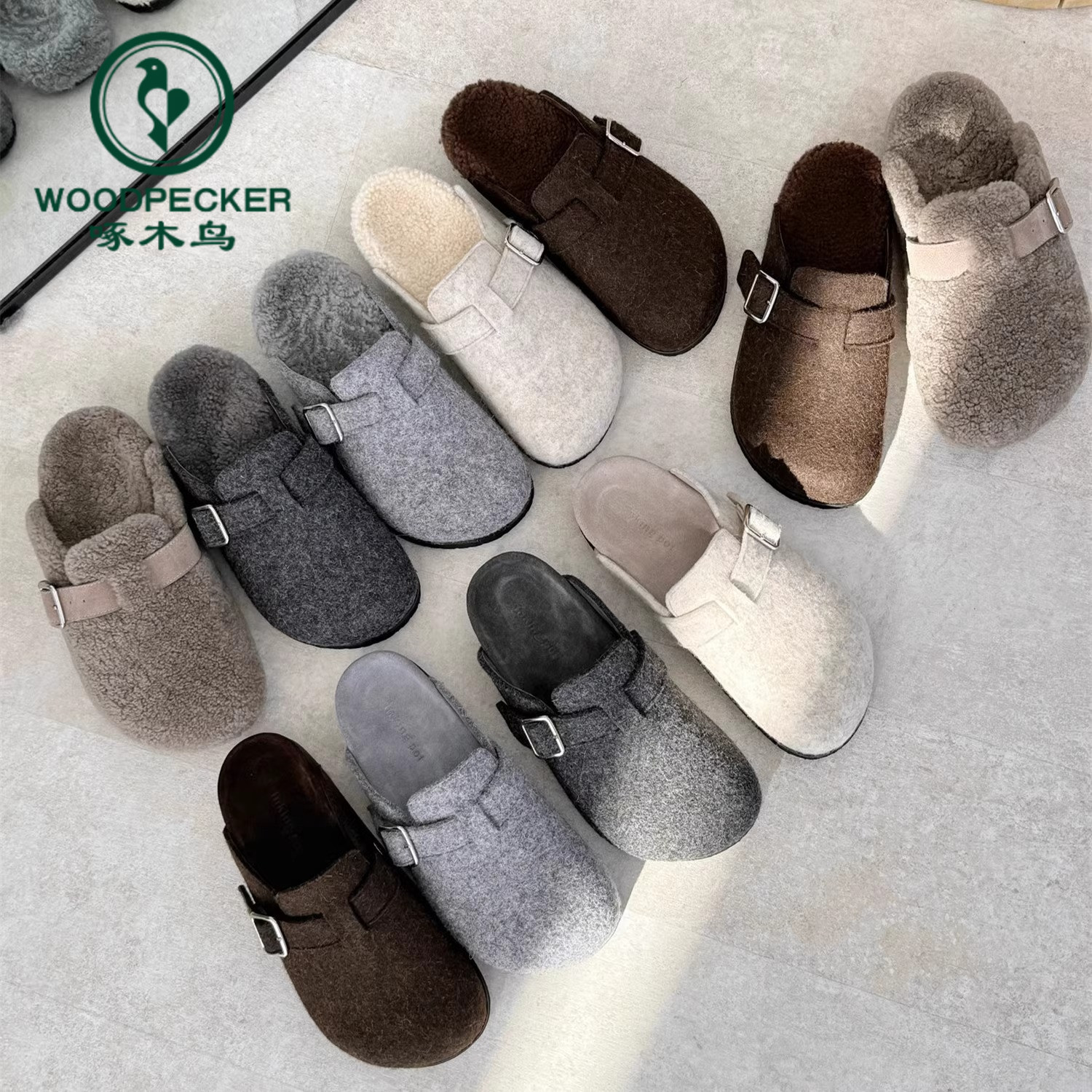 啄木鸟厚底包头勃肯拖鞋女士2025秋冬新款加绒保暖毛毡绒面半拖鞋